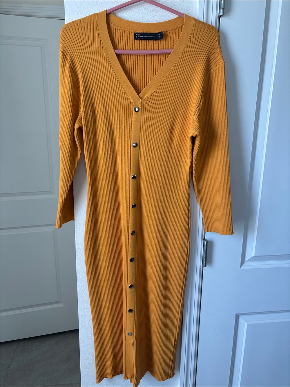 New York & Company Ribbed Button-Front Maxi Dress in Mustard Yellow